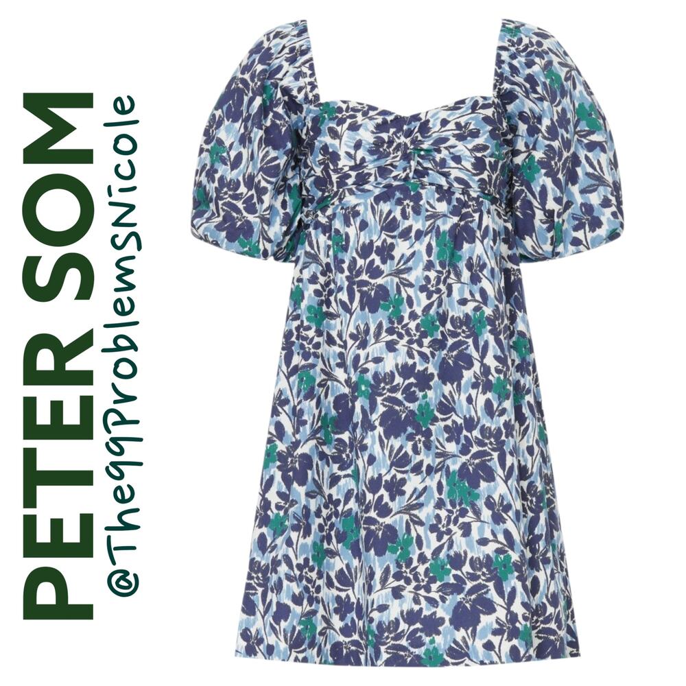 Peter Som Blue Floral Puff Shoulder Dress